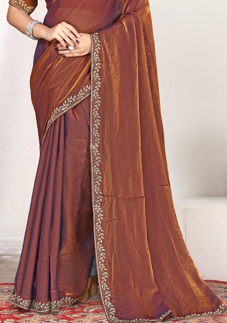 Rust Embroidery Silk Saree Set - Indya