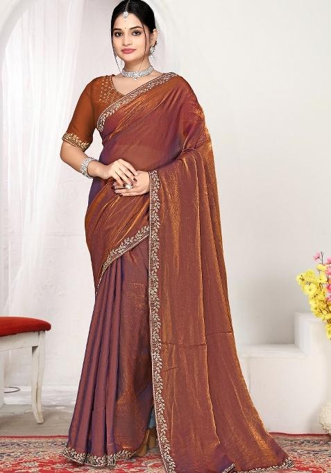 Rust Embroidery Silk Saree Set — view on Indya