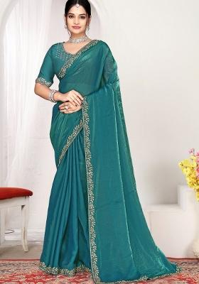 Teal Blue Embroidery Silk Saree Set