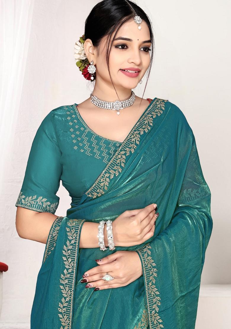 Teal Blue Embroidery Silk Saree Set - Indya