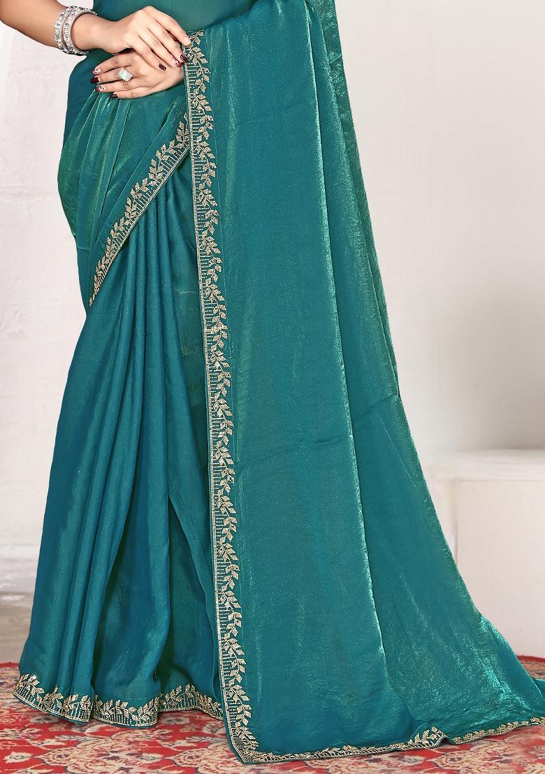 Teal Blue Embroidery Silk Saree Set - Indya