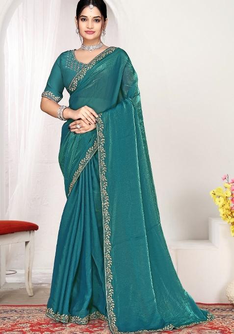 Teal Blue Embroidery Silk Saree Set — view on Indya