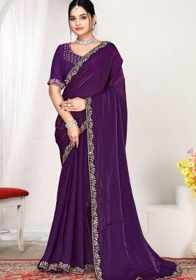 Purple Embroidery Silk Saree Set