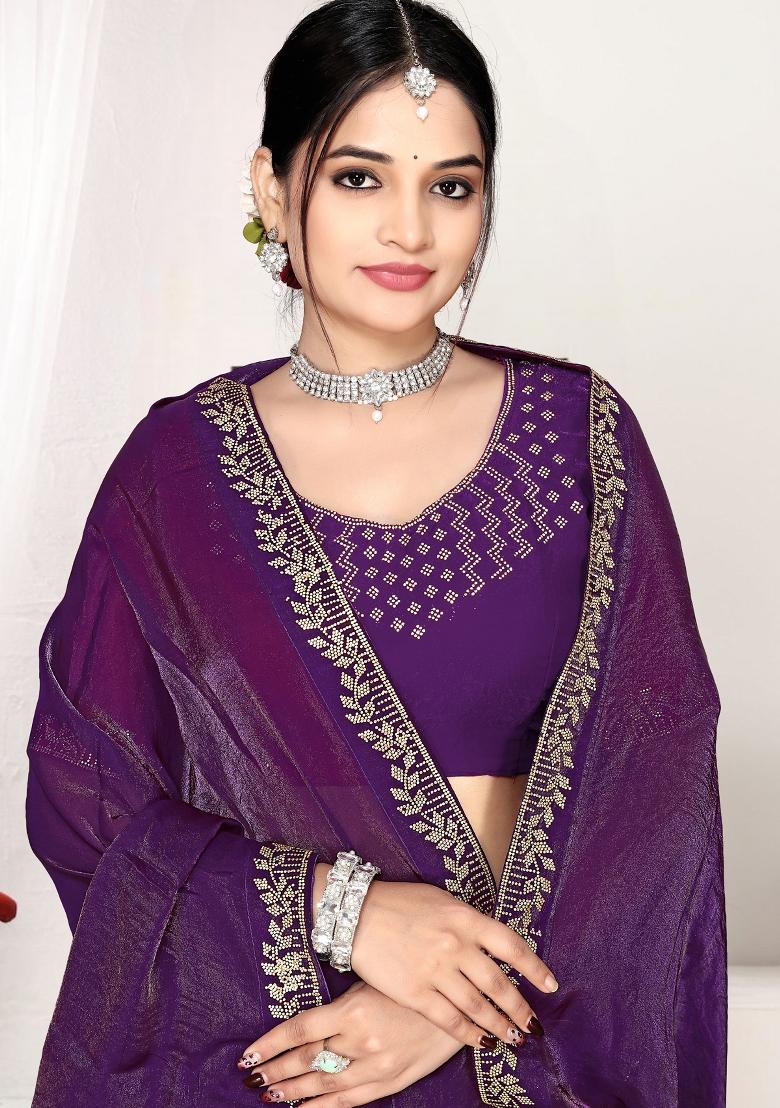 Purple Embroidery Silk Saree Set - Indya
