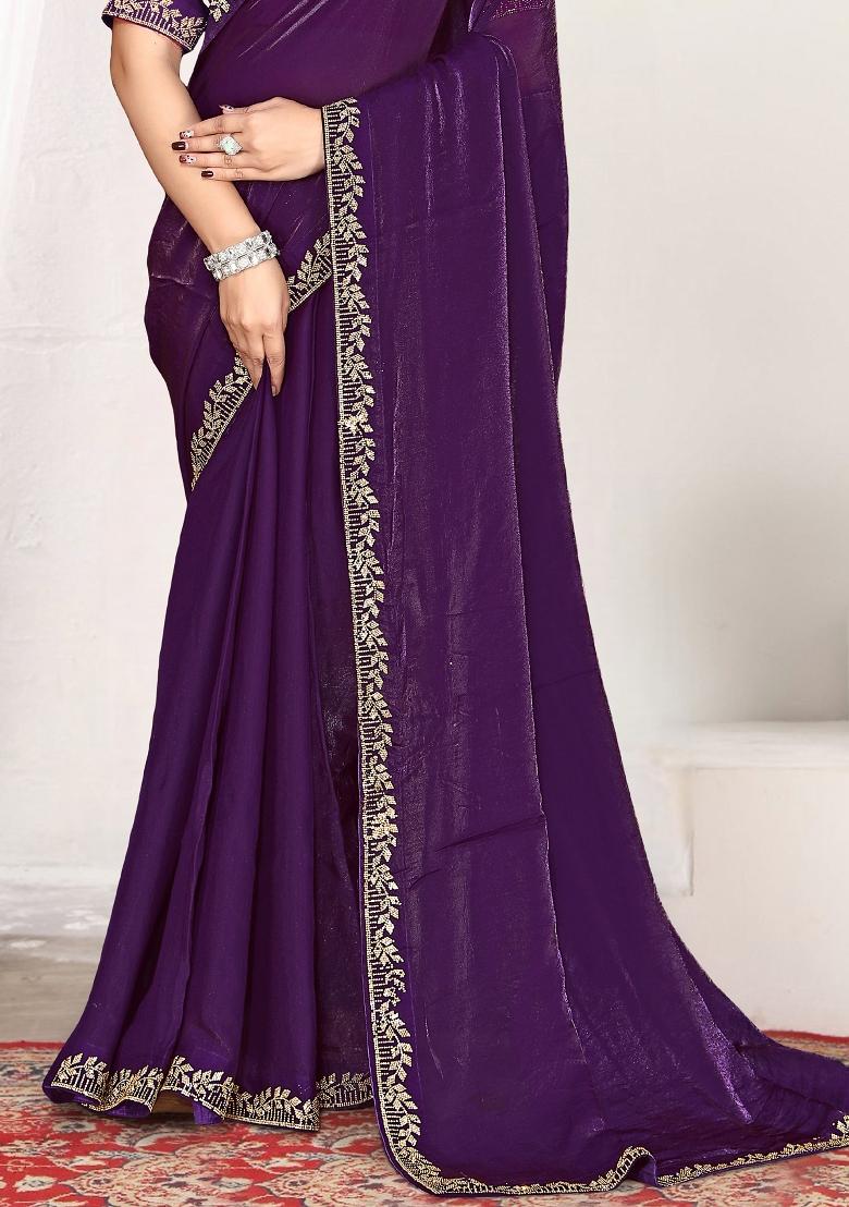 Purple Embroidery Silk Saree Set - Indya