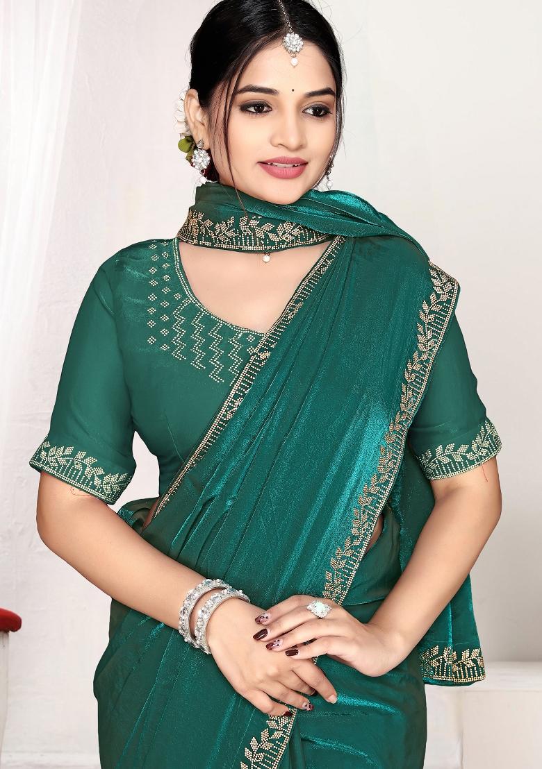 Green Embroidery Silk Saree Set - Indya