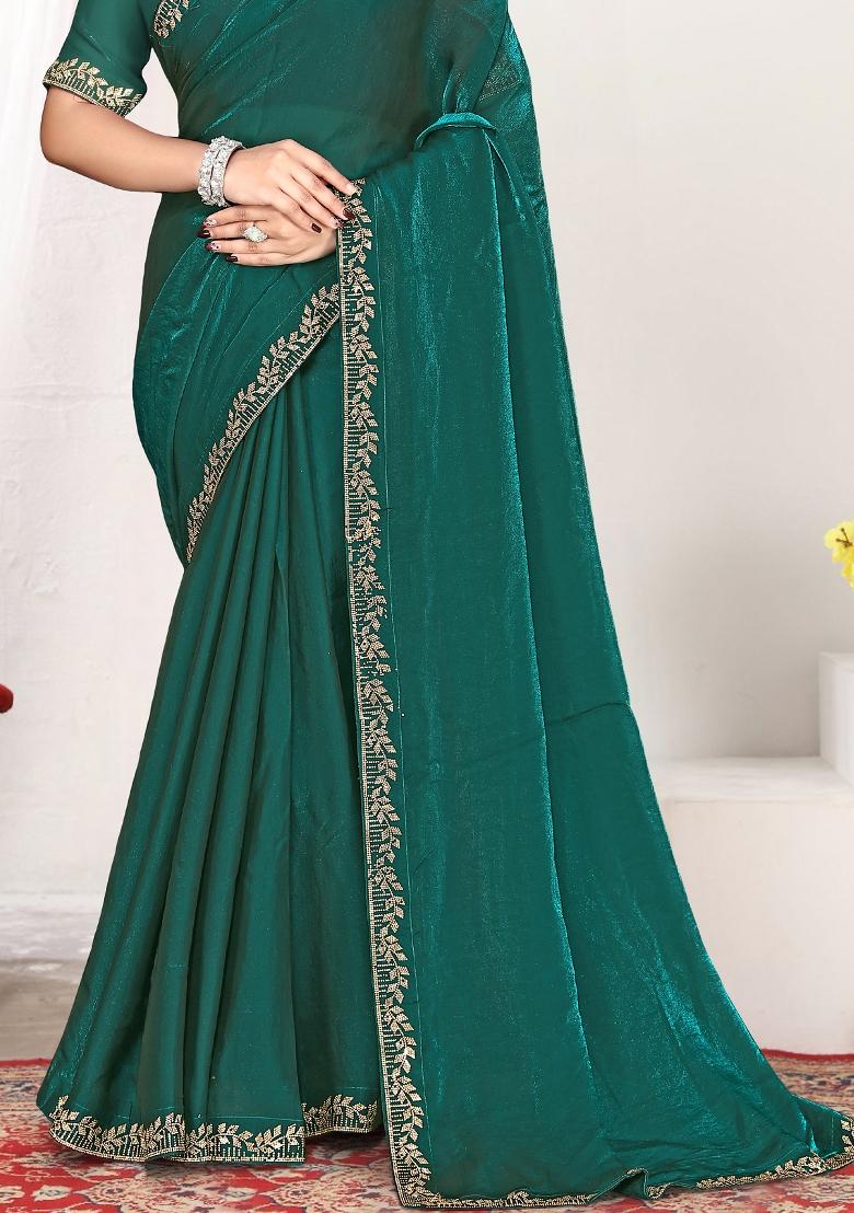 Green Embroidery Silk Saree Set - Indya