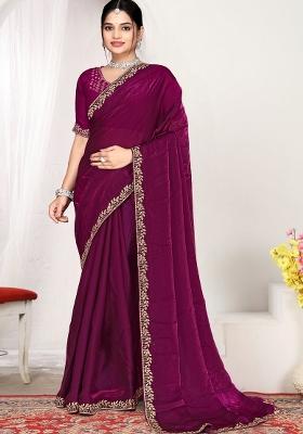Wine Embroidery Silk Saree Set