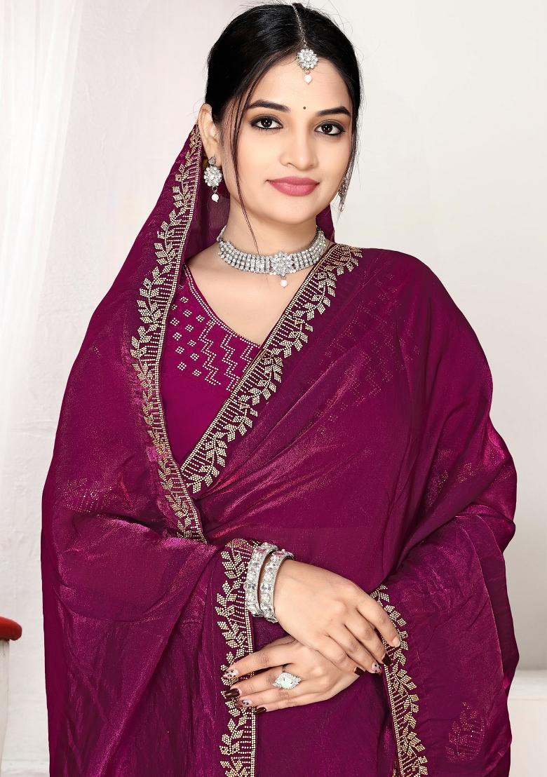 Wine Embroidery Silk Saree Set - Indya