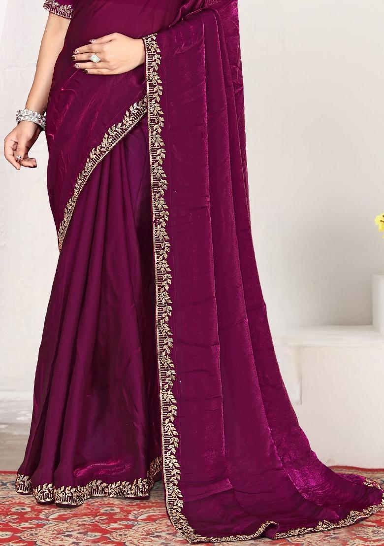 Wine Embroidery Silk Saree Set - Indya