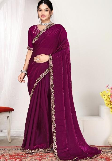 Wine Embroidery Silk Blend Saree Set