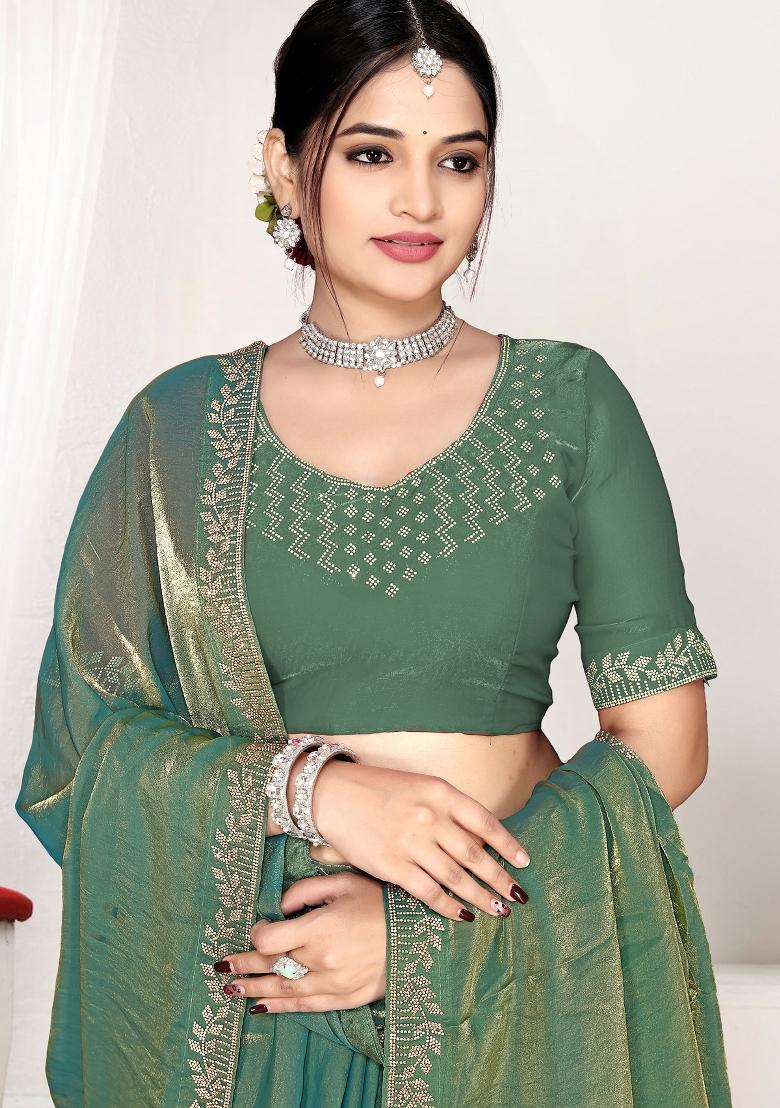 Green Embroidery Silk Saree Set - Indya