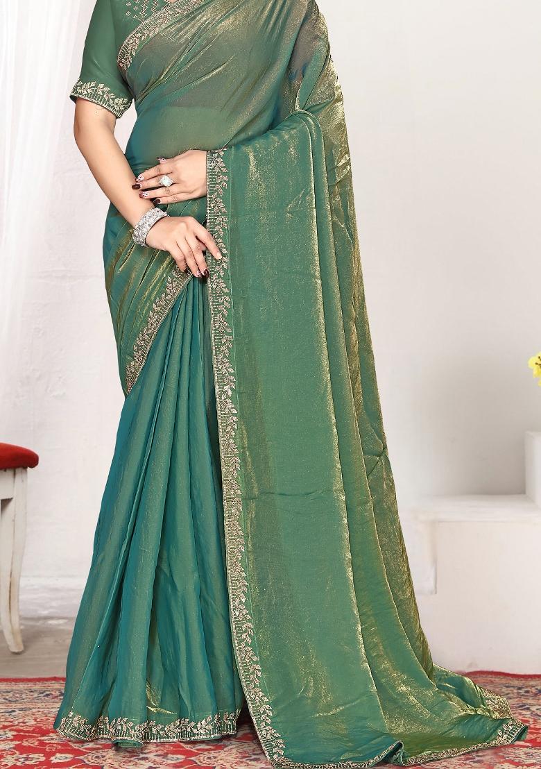 Green Embroidery Silk Saree Set - Indya