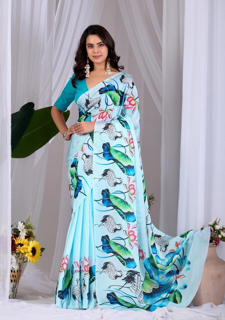 Light Blue Printed Satin Saree Set - Indya