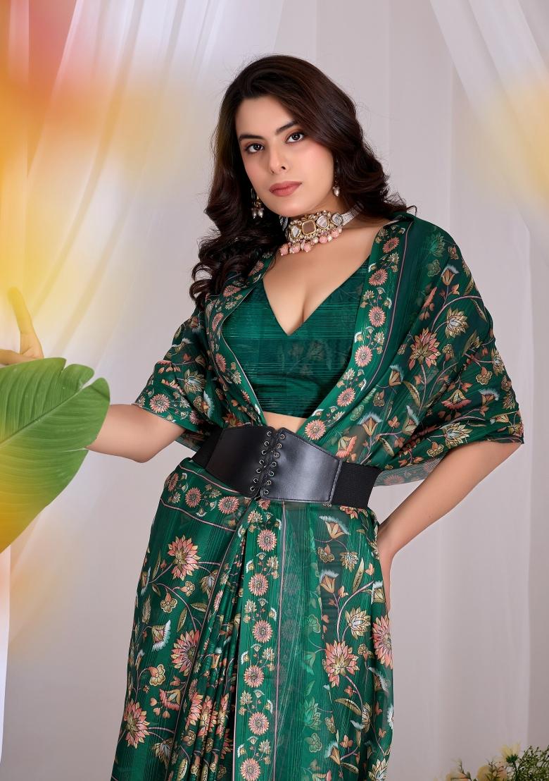 Green Printed Monsoon Saree Set - Indya