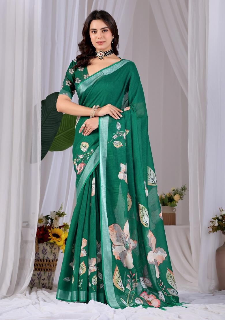 Green Printed Cotton Saree Set - Indya
