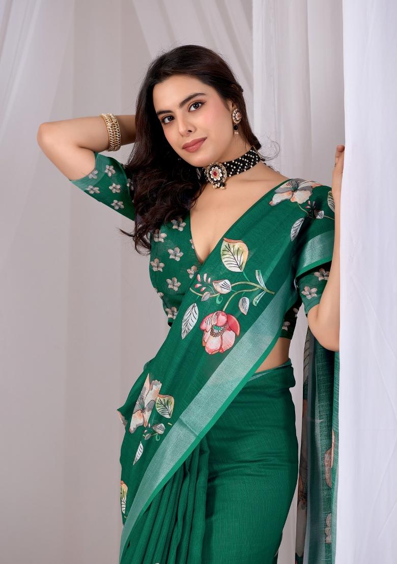 Green Printed Cotton Saree Set - Indya