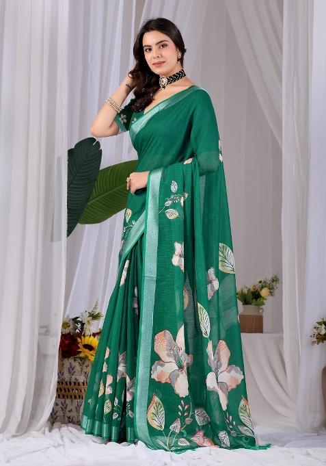 Green Printed Cotton Saree Set