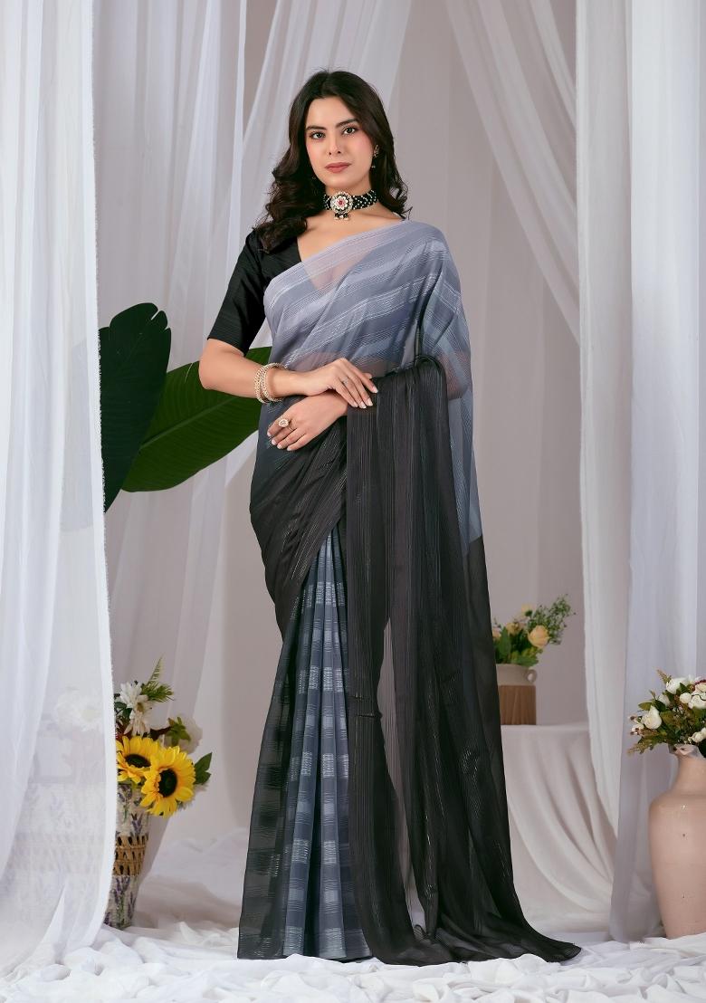Grey Printed Monsoon Saree Set - Indya
