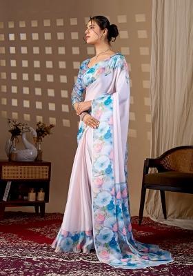Light Pink Printed Satin Saree Set