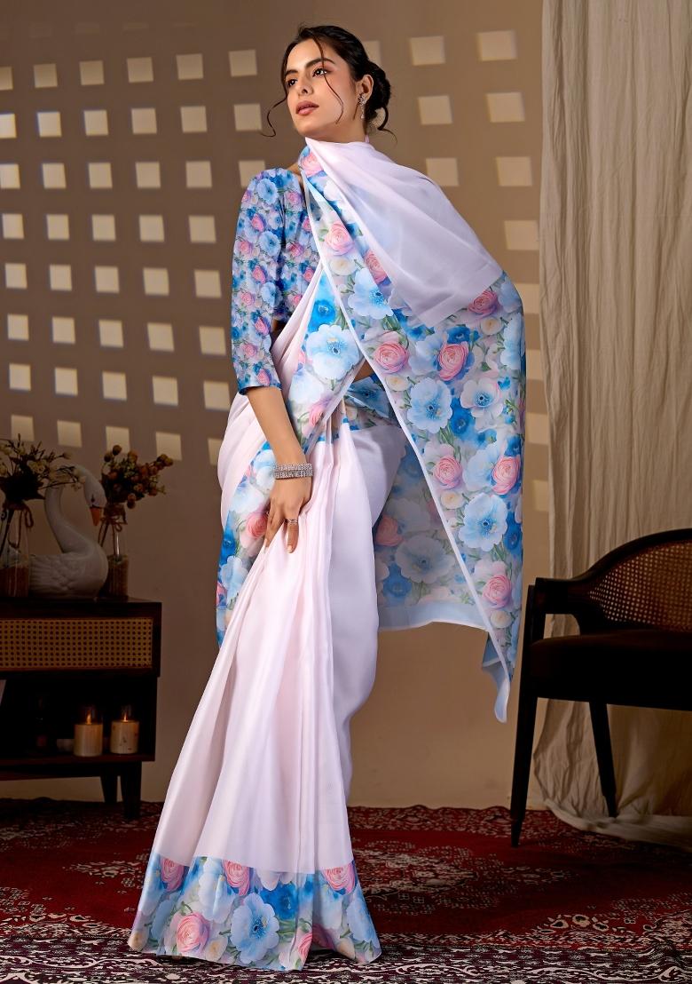 Light Pink Printed Satin Saree Set - Indya