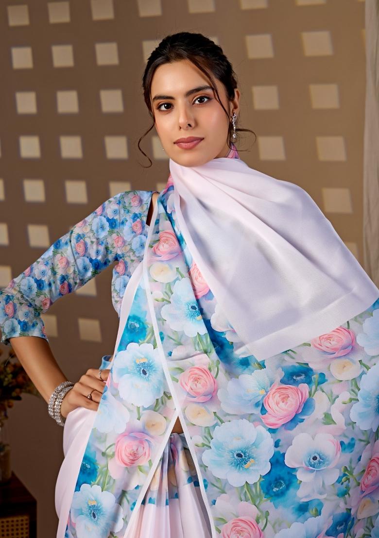 Light Pink Printed Satin Saree Set - Indya