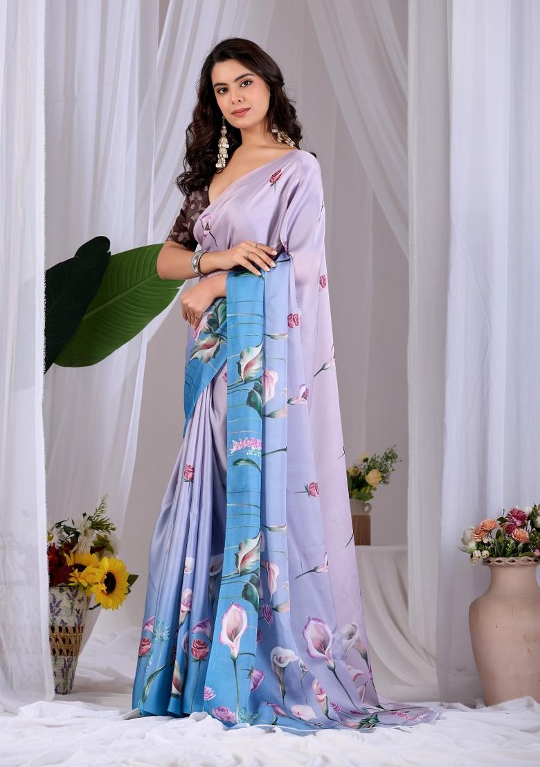 Lavender Printed Satin Saree Set - Indya