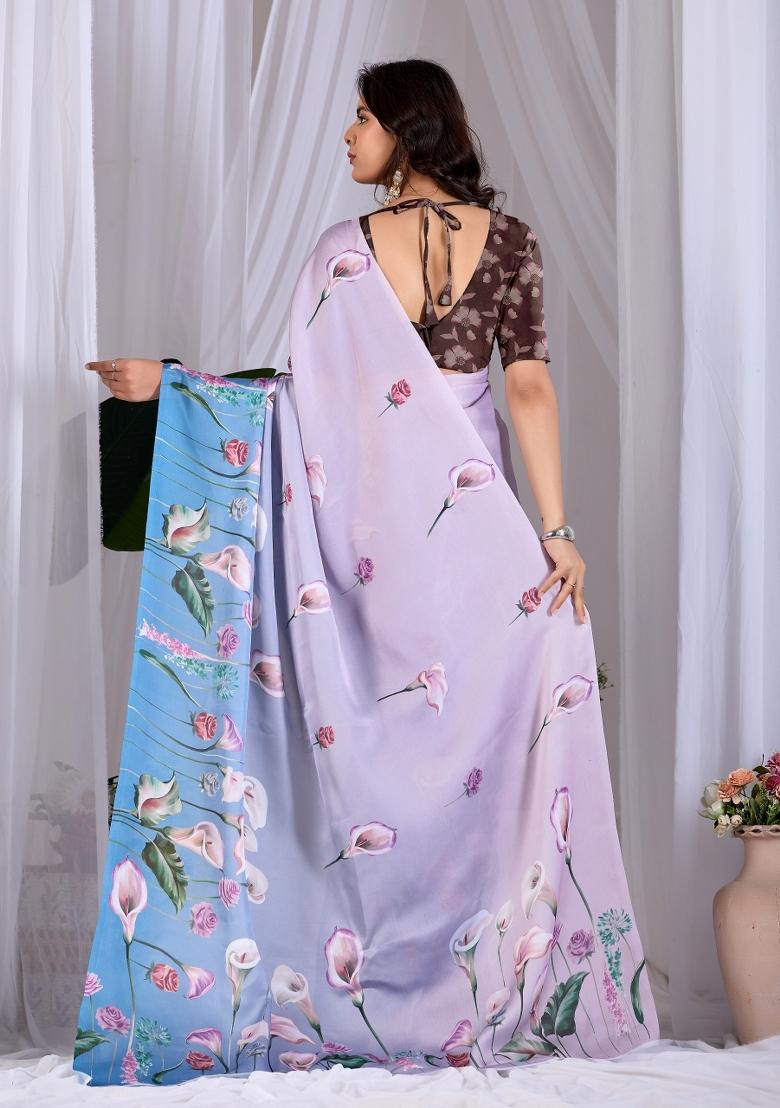 Lavender Printed Satin Saree Set - Indya