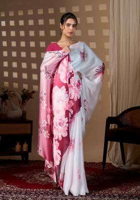 White Printed Satin Saree Set