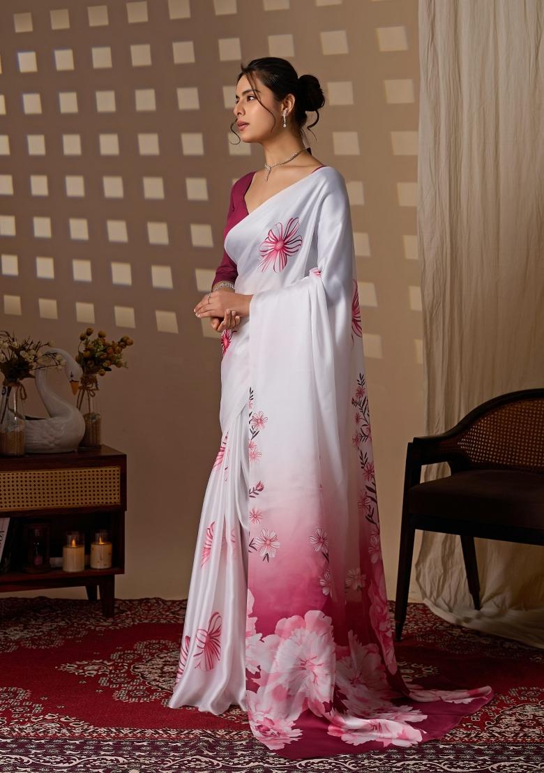 White Printed Satin Saree Set - Indya