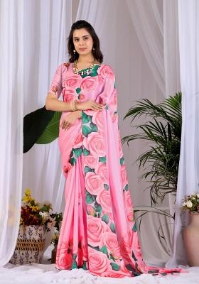 Pink Printed Satin Saree Set