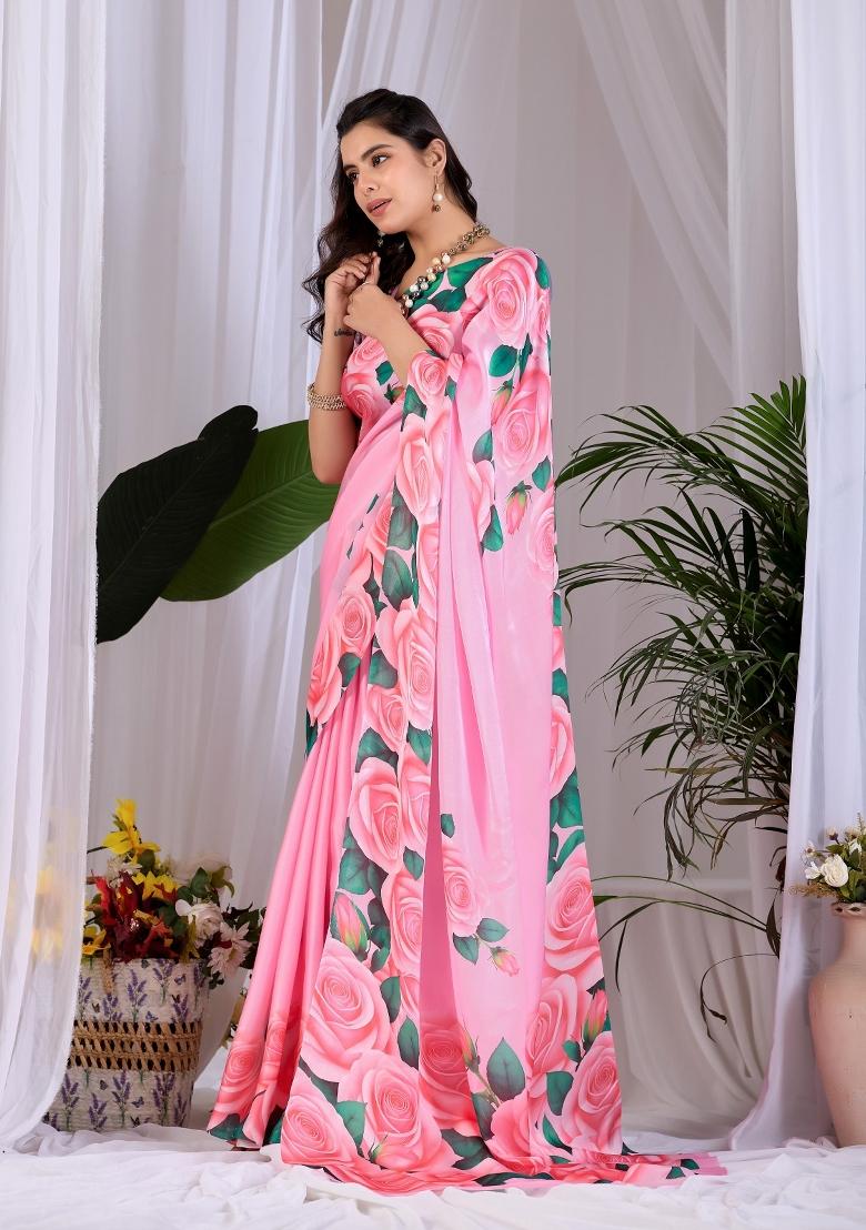 Pink Printed Satin Saree Set - Indya
