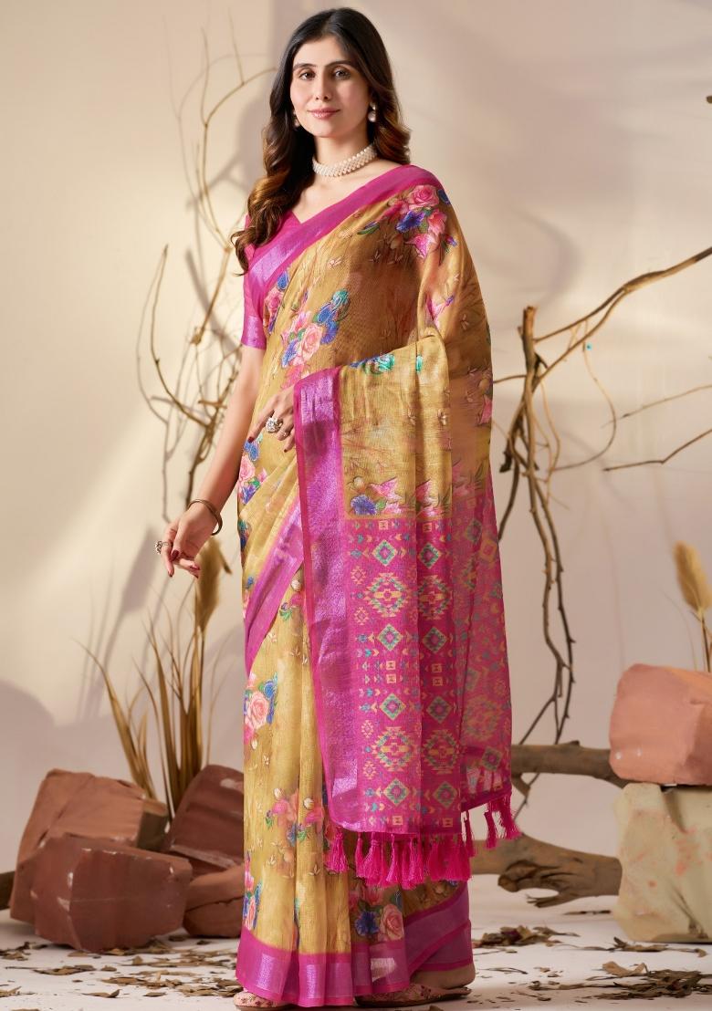 Yellow Printed Cotton Saree Set - Indya