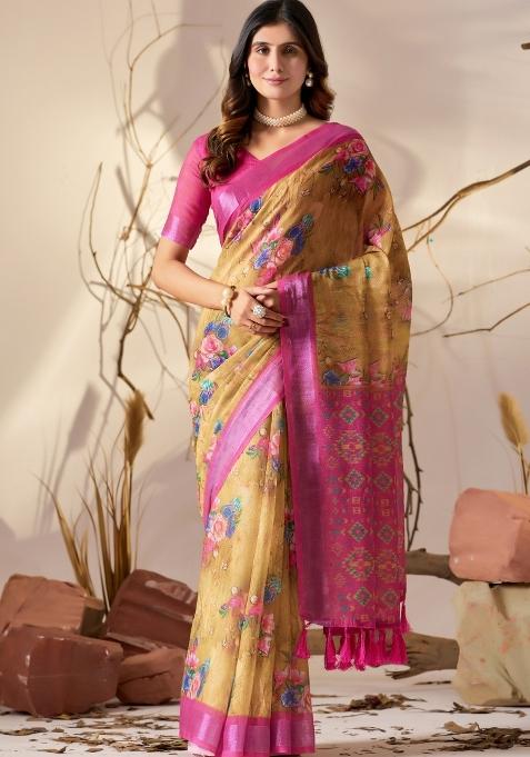 Yellow Printed Cotton Saree Set — view on Indya