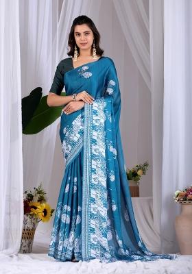 Blue Printed Georgette Saree Set