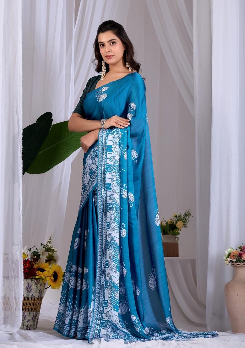 Blue Printed Georgette Saree Set - Indya