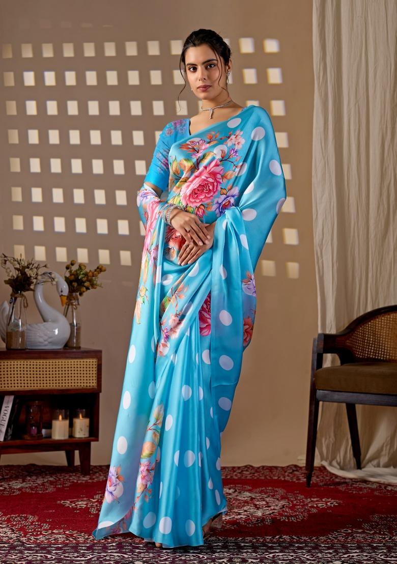 Blue Printed Georgette Saree Set - Indya