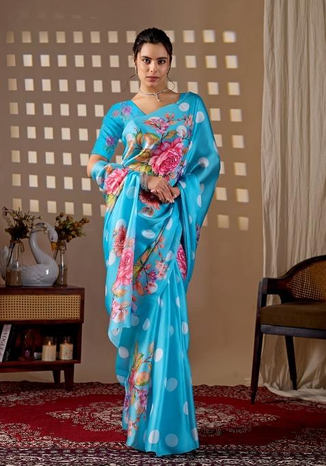 Blue Printed Georgette Saree Set — view on Indya