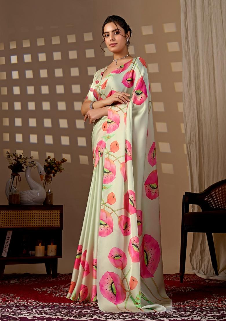 Mint Green Printed Georgette Saree Set - Indya