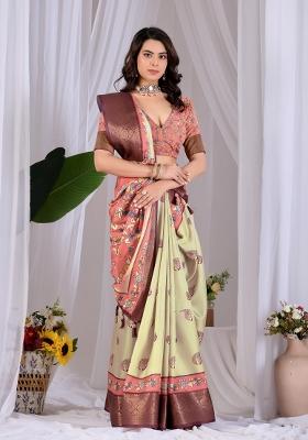 Light Yellow Printed Silk Saree Set