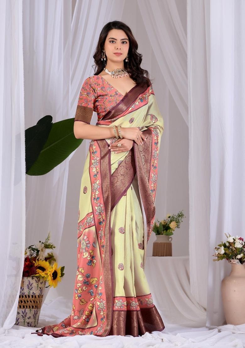 Light Yellow Printed Silk Saree Set - Indya