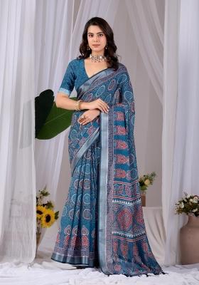 Blue Printed Cotton Saree Set