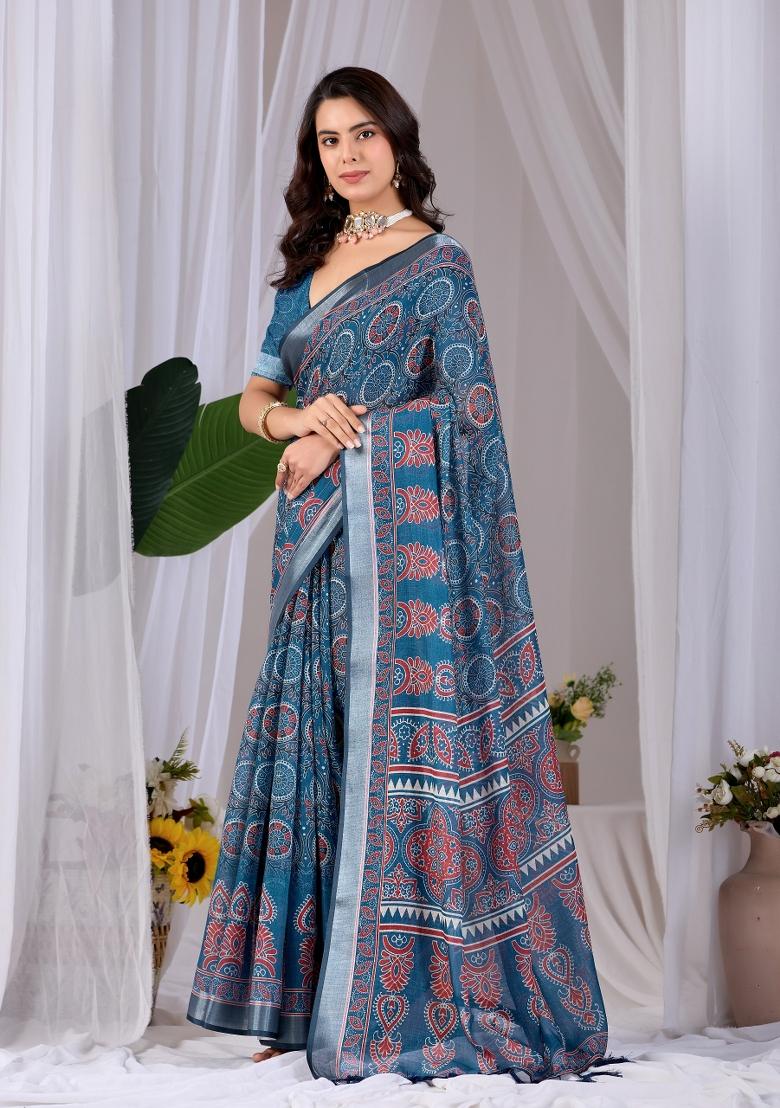Blue Printed Cotton Saree Set - Indya
