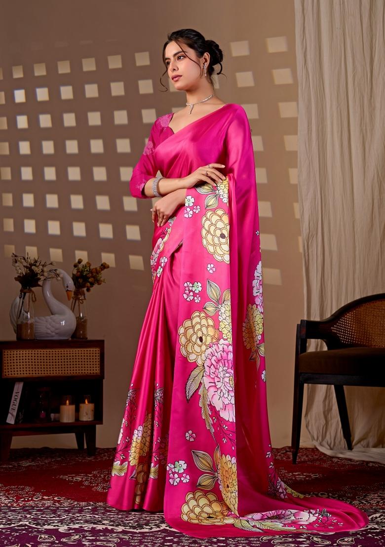 Pink Printed Georgette Saree Set - Indya