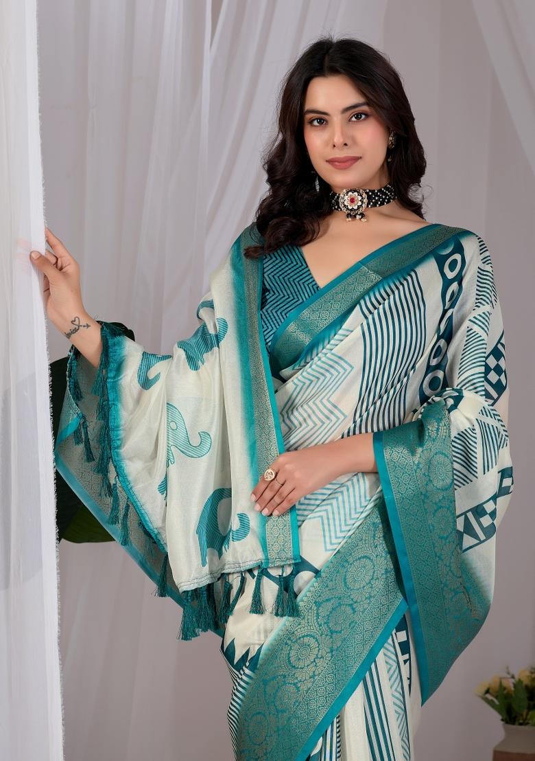 Off White Printed Silk Saree Set - Indya