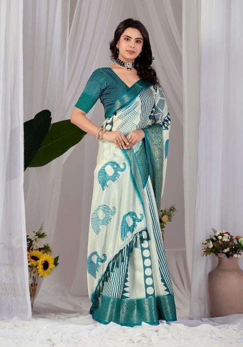 Off White Printed Silk Saree Set
