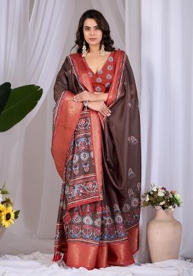 Brown Printed Silk Saree Set