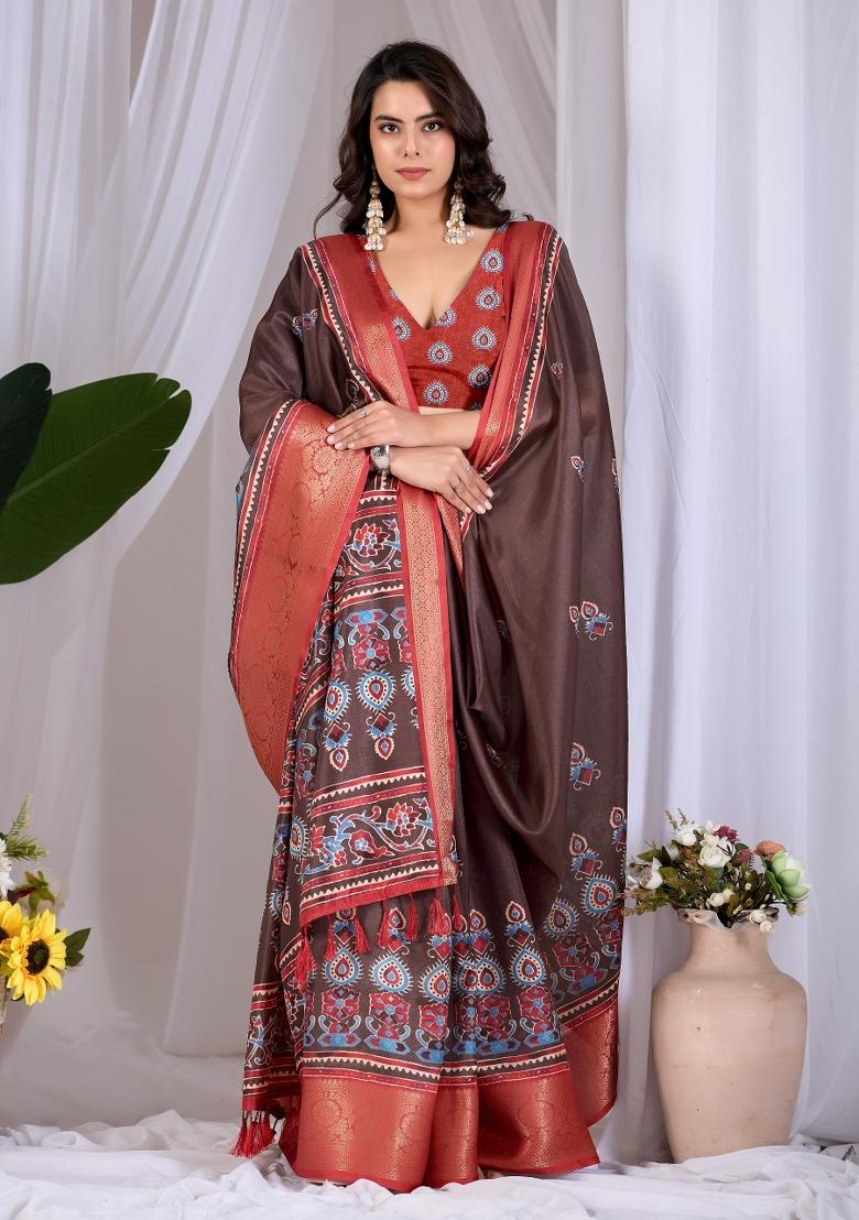 Brown Printed Silk Saree Set - Indya