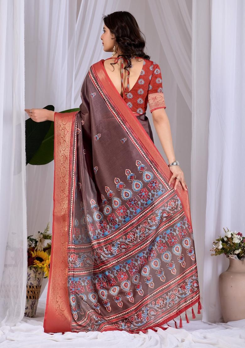 Brown Printed Silk Saree Set - Indya