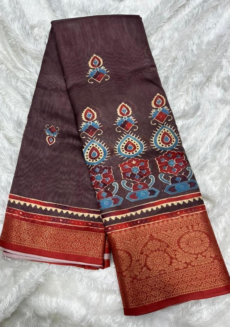 Brown Printed Silk Saree Set - Indya